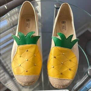 C.  Avon Cushion Walk Yellow and Green Espadrille Pineapple Shoes
